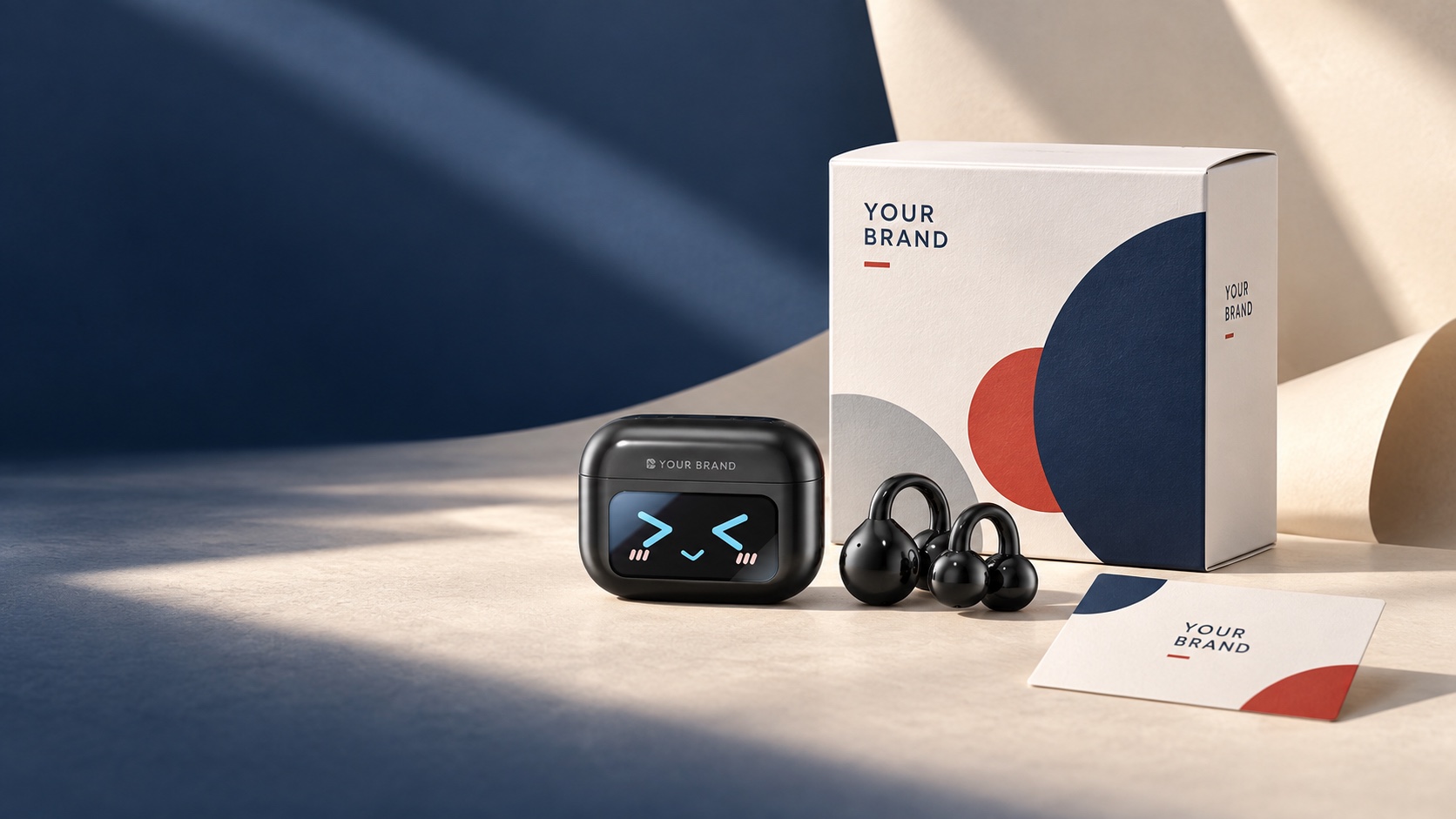 Black clip-on wireless earbuds with one simple printed folding paperboard carton and brand card