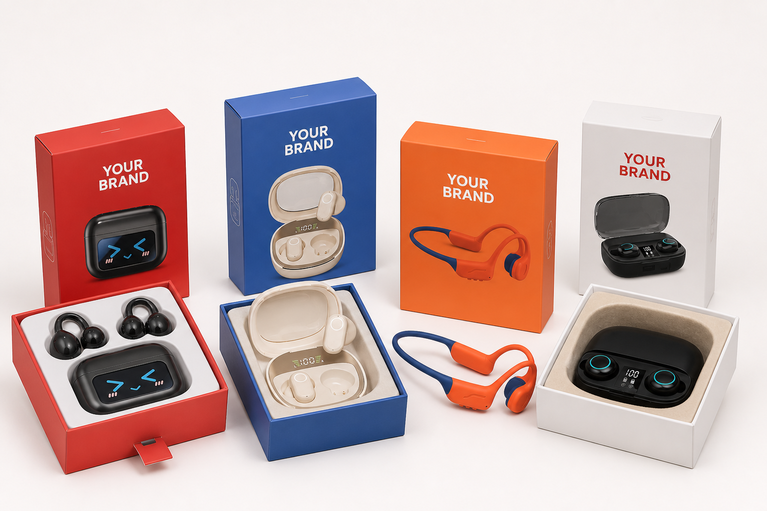 Wireless earbuds with red, blue, orange and white custom printed paper boxes marked Your Brand