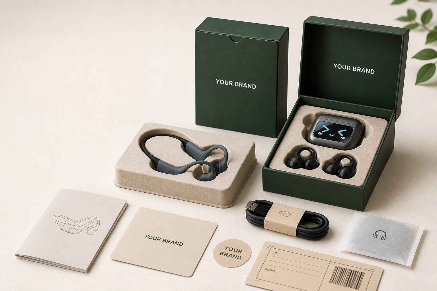 Plastic-free earbud packaging using green paperboard boxes, molded fiber trays, paper cable band and glassine envelope